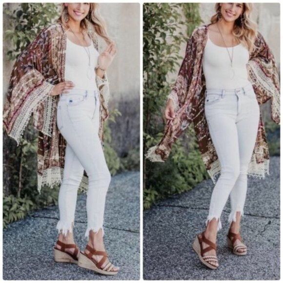 boho Kimono w Crochet Lace Detail & wide sleeves - Picture 6 of 13